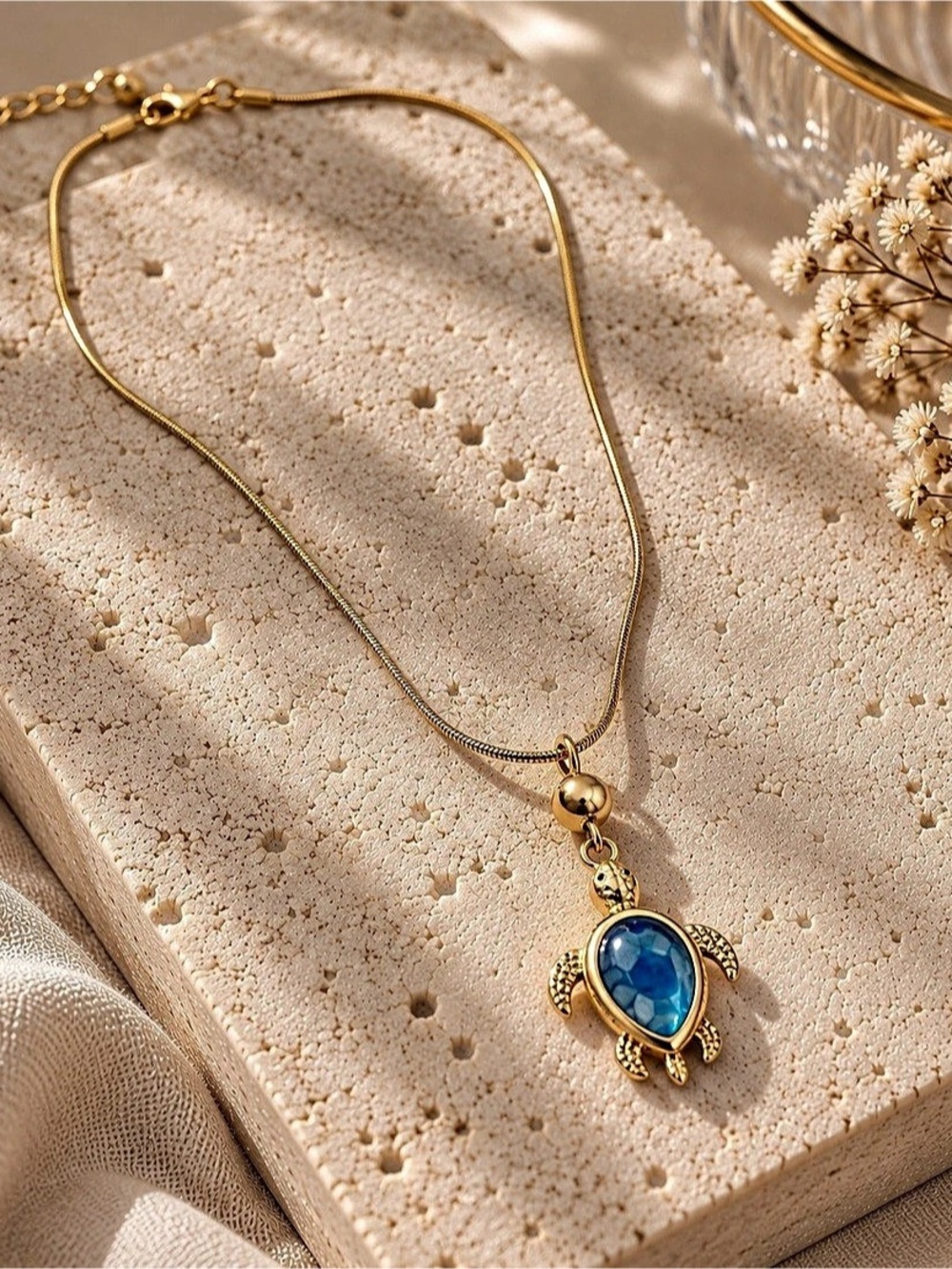 Stainless steel Turtle Pendant Necklace in Gold & Blue  New